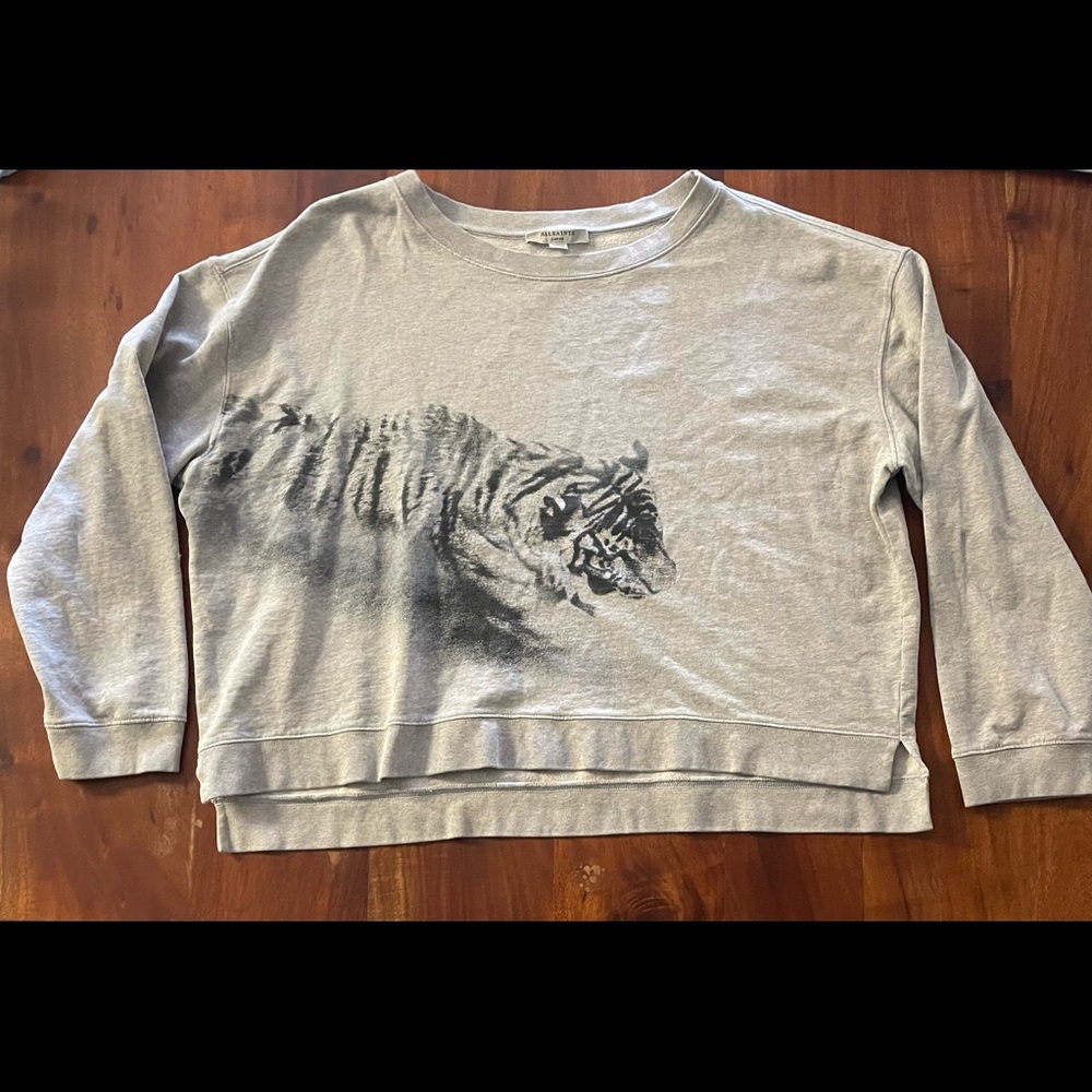 All Saints Womens Sweater Gray Crew Neck Tiger  Sweatshirt Size L